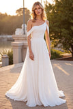 Ivory Ruched A Line Boho Sweep Train Chiffon Wedding Dress