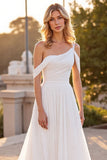 Ivory Ruched A Line Boho Sweep Train Chiffon Wedding Dress