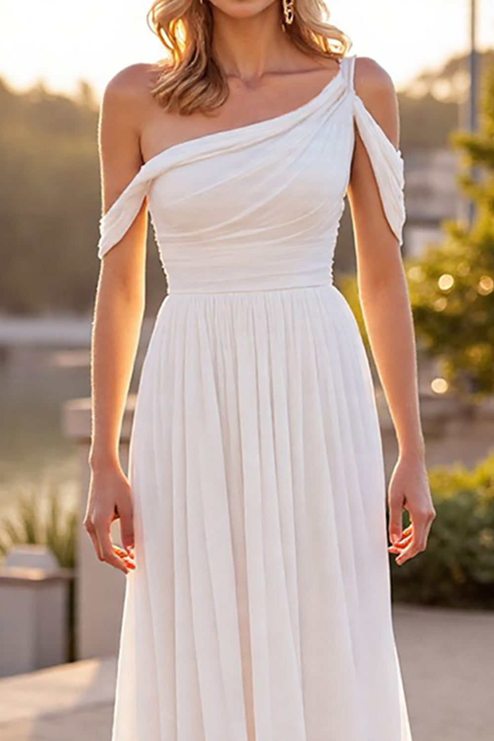 Ivory Ruched A Line Boho Sweep Train Chiffon Wedding Dress