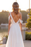 Ivory Ruched A Line Boho Sweep Train Chiffon Wedding Dress