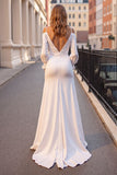 Ivory Satin Ruffled Boho Sweep Train Wedding Dress with Sleeves