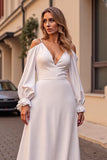 Ivory Satin Ruffled Boho Sweep Train Wedding Dress with Sleeves