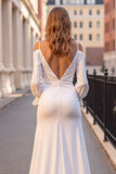 Ivory Satin Ruffled Boho Sweep Train Wedding Dress with Sleeves