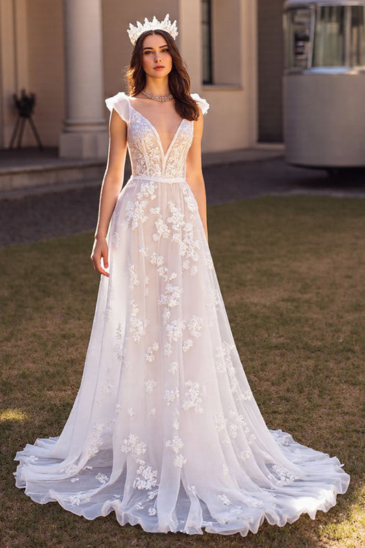 Ivory Tulle Cap Sleeves Sweep Train Wedding Dress with Appliques