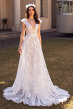 Ivory Tulle Cap Sleeves Sweep Train Wedding Dress with Appliques