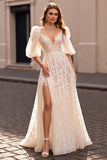 Ivory Lace Corset Sweep Train Wedding Dress with Sleeves