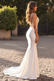 Ivory Mermaid Satin V-Neck Sweep Train Wedding Dress with Slit
