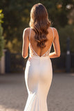 Ivory Mermaid Satin V-Neck Sweep Train Wedding Dress with Slit