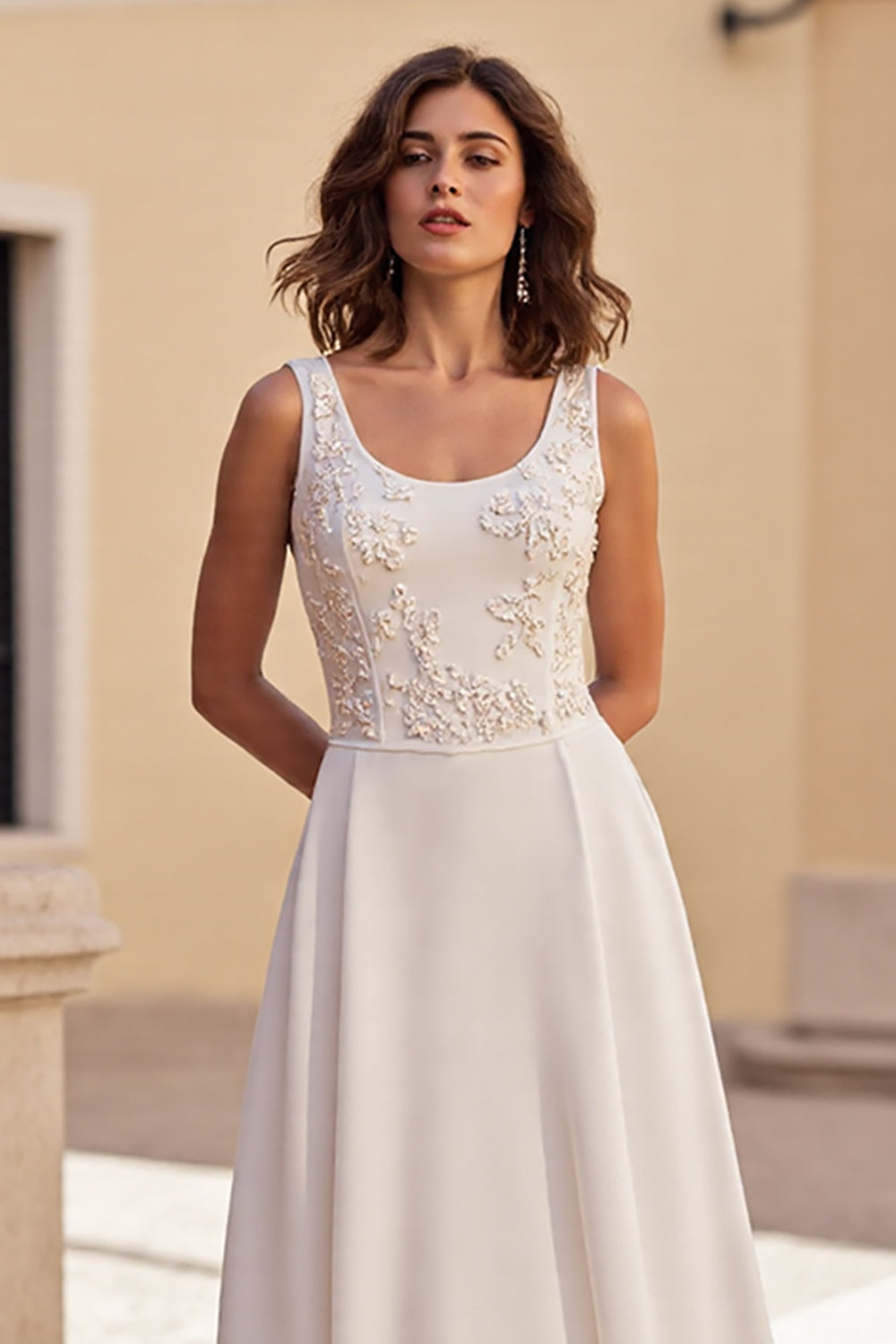 Ivory A Line Satin Scoop Neck Boho Wedding Dress with Appliques