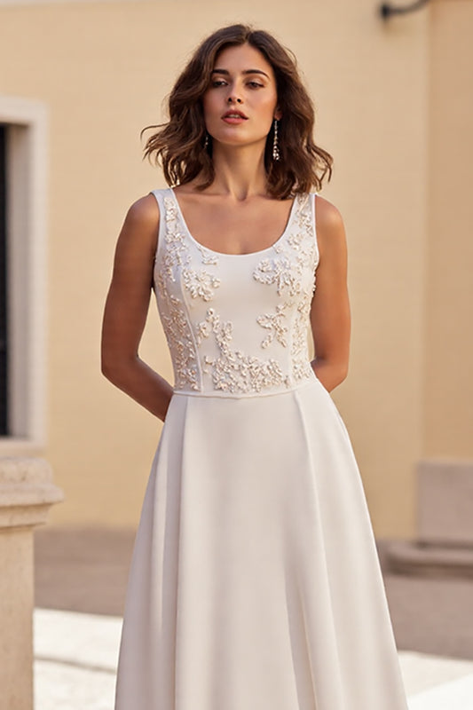 Ivory A Line Satin Scoop Neck Boho Wedding Dress with Appliques