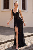 Black Lace Mermaid Backless Wedding Dress with Slit