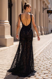 Black Lace Mermaid Backless Wedding Dress with Slit