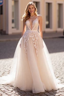 Ivory Tulle Spaghetti Straps Sweep Train Wedding Dress with Appliques