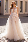 Ivory Tulle Spaghetti Straps Sweep Train Wedding Dress with Appliques