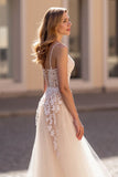 Ivory Tulle Spaghetti Straps Sweep Train Wedding Dress with Appliques