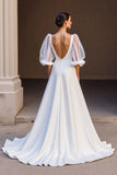 Ivory Satin V-Neck A Line Sweep Train Wedding Dress with Sleeves
