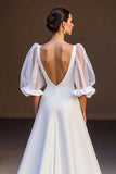 Ivory Satin V-Neck A Line Sweep Train Wedding Dress with Sleeves