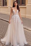 Ivory Deep V-Neck Tulle Boho Sweep Train Wedding Dress with Appliques