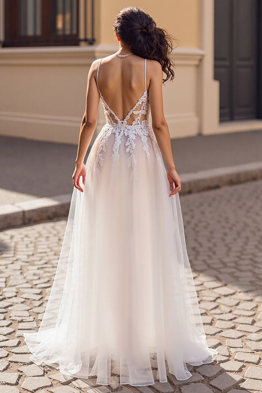 Ivory Deep V-Neck Tulle Boho Sweep Train Wedding Dress with Appliques