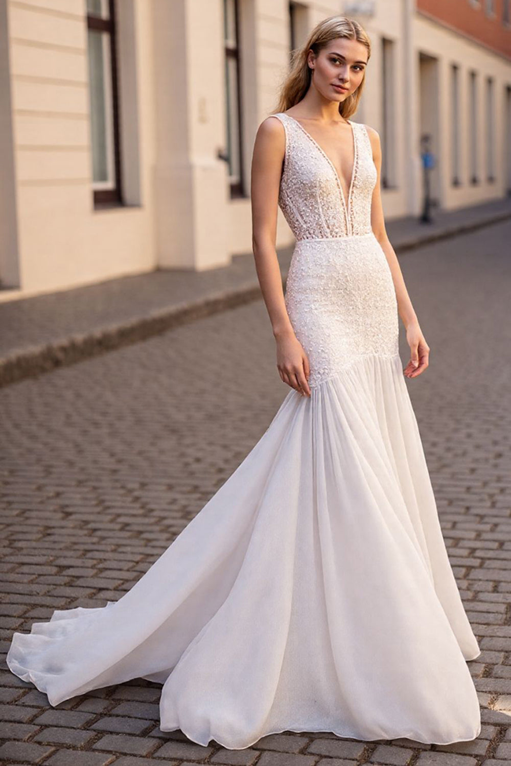 Ivory Mermaid Chiffon Sweep Train Wedding Dress with Lace