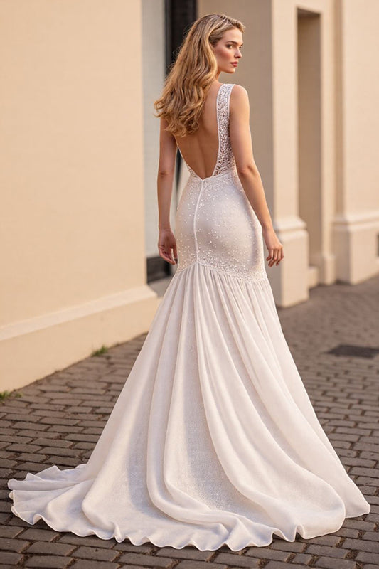 Ivory Mermaid Chiffon Sweep Train Wedding Dress with Lace