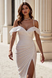 Ivory Mermaid Ruched Chiffon Sweep Train Wedding Dress with Slit