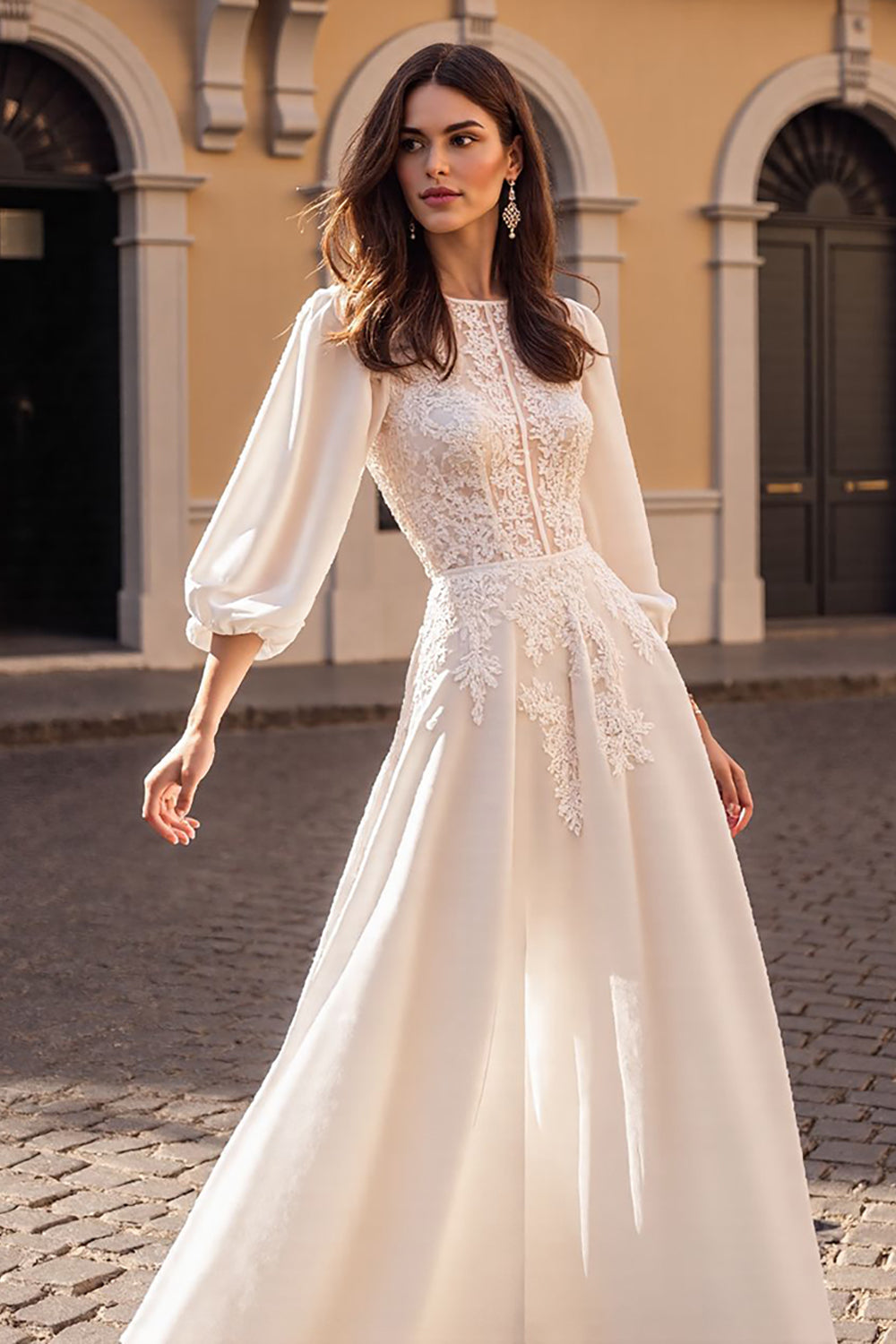 Ivory Corset Satin A Line Half Sleeves Vintage Wedding Dress with Appliques
