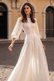 Ivory Corset Satin A Line Half Sleeves Vintage Wedding Dress with Appliques