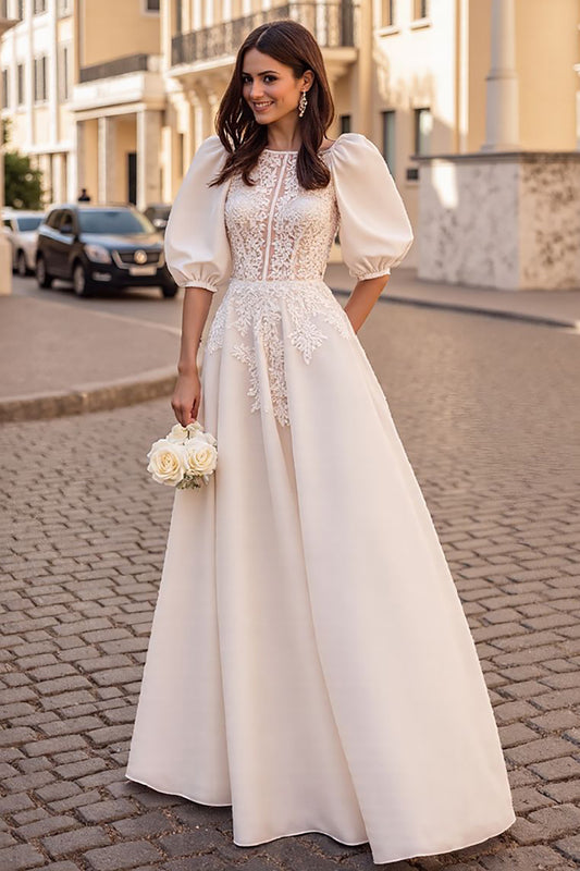 Ivory Corset Satin A Line Half Sleeves Vintage Wedding Dress with Appliques