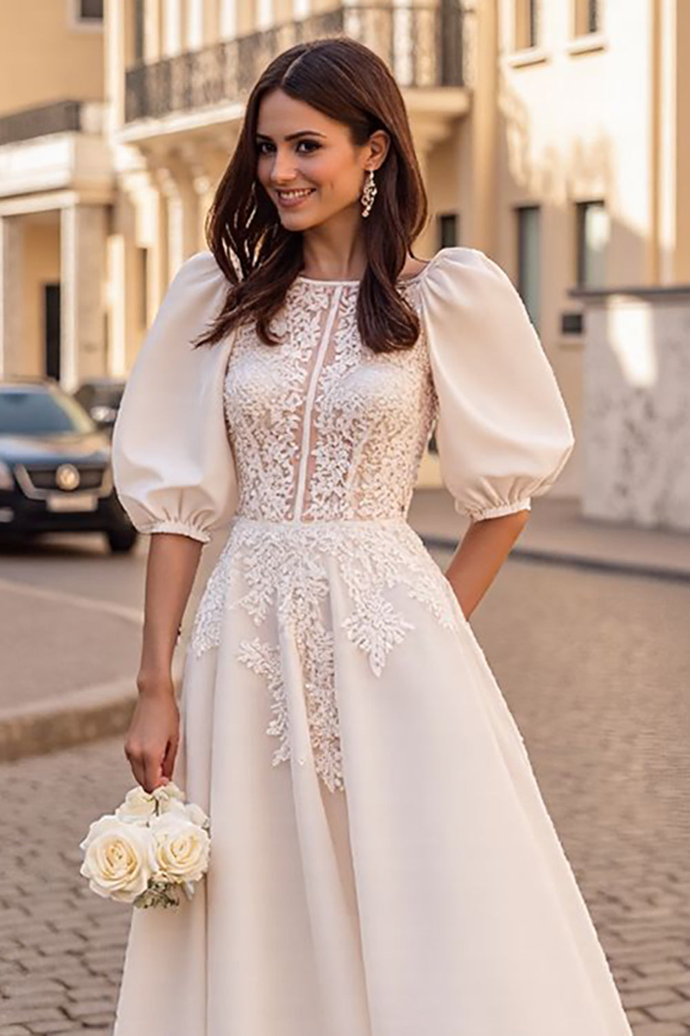 Ivory Corset Satin A Line Half Sleeves Vintage Wedding Dress with Appliques