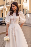 Ivory Corset Satin A Line Half Sleeves Vintage Wedding Dress with Appliques