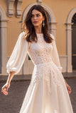 Ivory Corset Satin A Line Half Sleeves Vintage Wedding Dress with Appliques