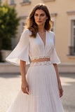 Ivory Chiffon 2 Piece Half Sleeves Boho Sweep Train Wedding Dress
