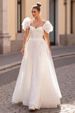 Ivory Tulle Puff Sleeves Corset A Line Wedding Dress