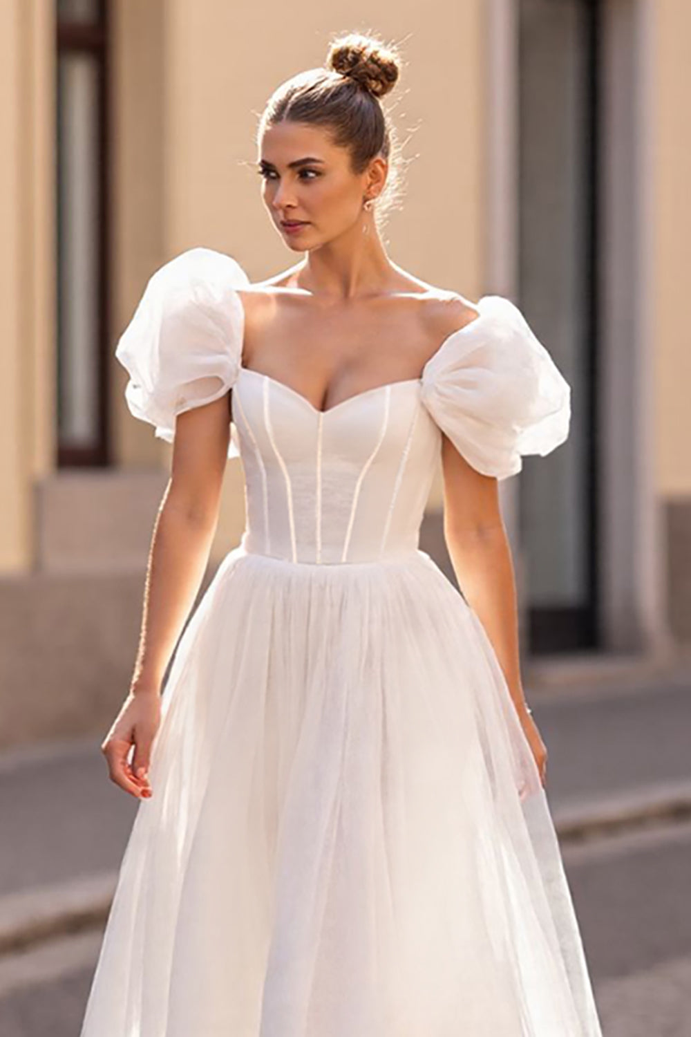Ivory Tulle Puff Sleeves Corset A Line Wedding Dress