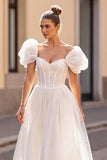 Ivory Tulle Puff Sleeves Corset A Line Wedding Dress
