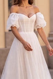 Ivory Tulle Puff Sleeves Corset A Line Wedding Dress