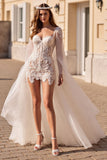 Ivory Tulle Long Sleeves Watteau Train Corset Wedding Dress with Lace
