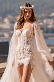 Ivory Tulle Long Sleeves Watteau Train Corset Wedding Dress with Lace