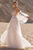 Ivory Tulle Backless Sweep Train Wedding Dress with Sleeves