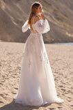 Ivory Tulle Backless Sweep Train Wedding Dress with Sleeves