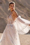 Ivory Tulle Backless Sweep Train Wedding Dress with Sleeves