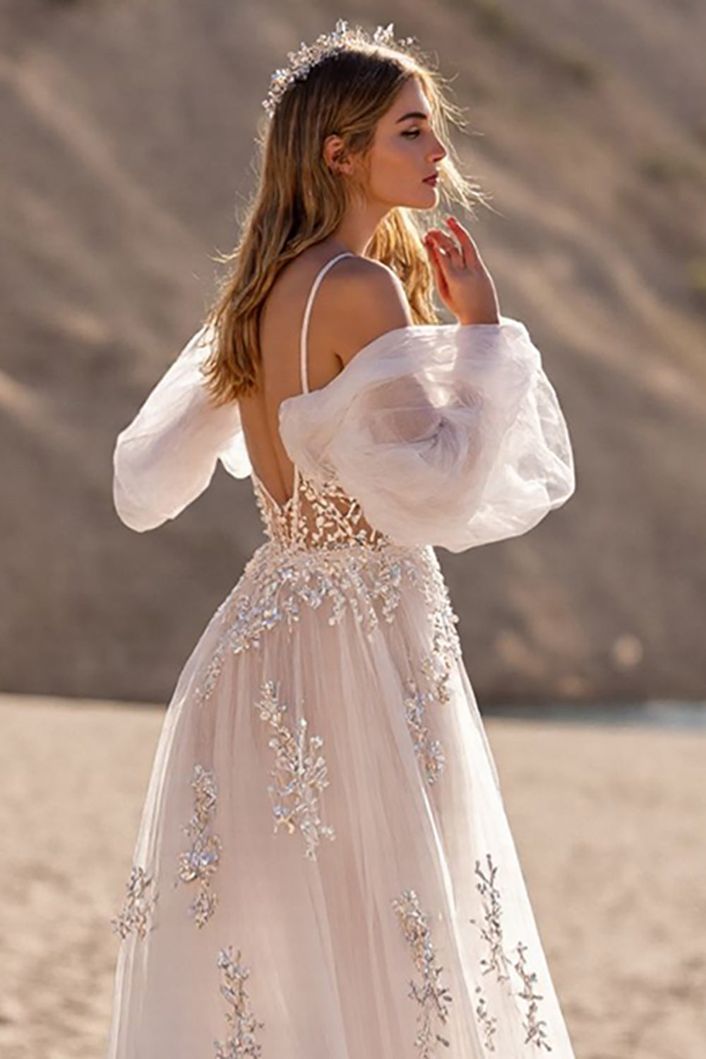 Ivory Tulle Backless Sweep Train Wedding Dress with Sleeves