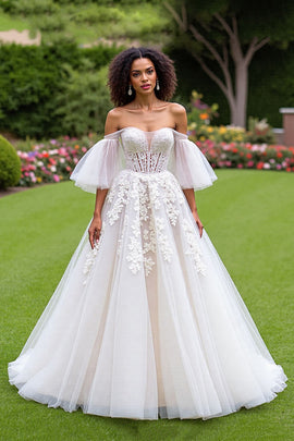 Ivory Tulle Corset Ruffled A-Line Sweep Train Wedding Dress with Sleeves