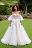 Ivory Tulle Corset Ruffled A-Line Sweep Train Wedding Dress with Sleeves