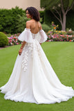 Ivory Tulle Corset Ruffled A-Line Sweep Train Wedding Dress with Sleeves