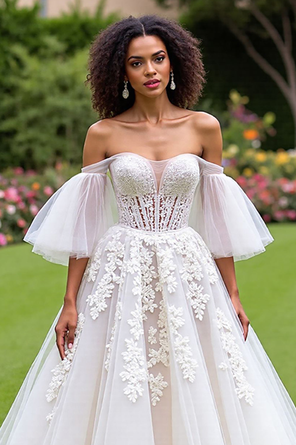 Ivory Tulle Corset Ruffled A-Line Sweep Train Wedding Dress with Sleeves