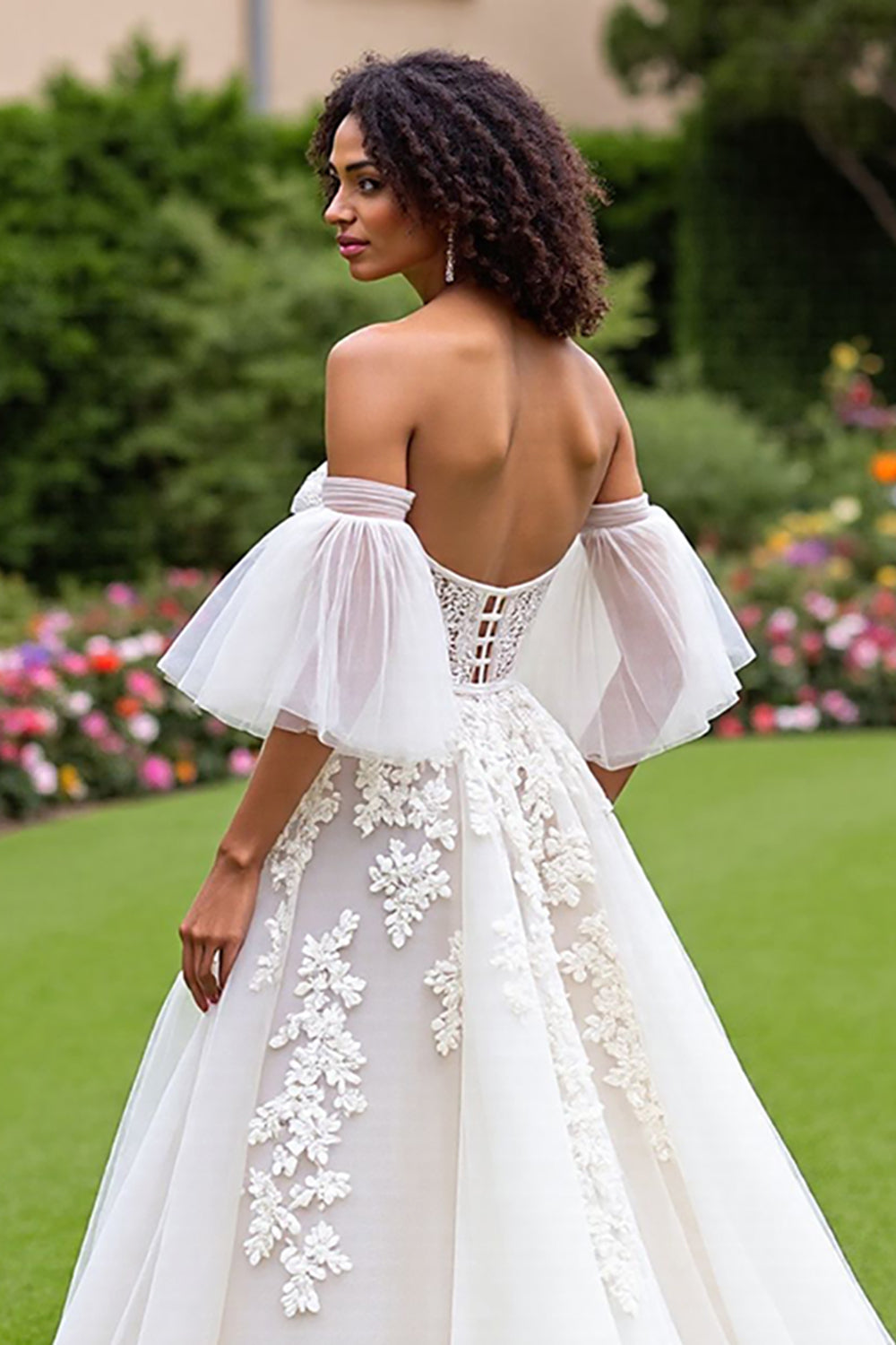 Ivory Tulle Corset Ruffled A-Line Sweep Train Wedding Dress with Sleeves