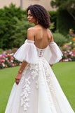 Ivory Tulle Corset Ruffled A-Line Sweep Train Wedding Dress with Sleeves