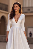 Simple Ivory Satin V-Neck 3/4 Sleeves A Line Sweep Train Wedding Dress